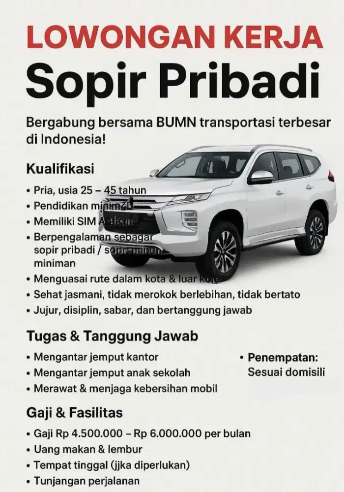dibutuhkan karyawan supir pribadi