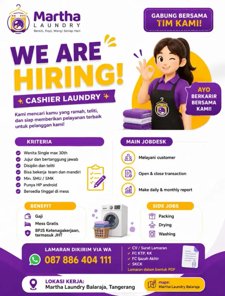 Kasir Laundry dan Kurir Laundry ( loker di tutup  30 Juni )