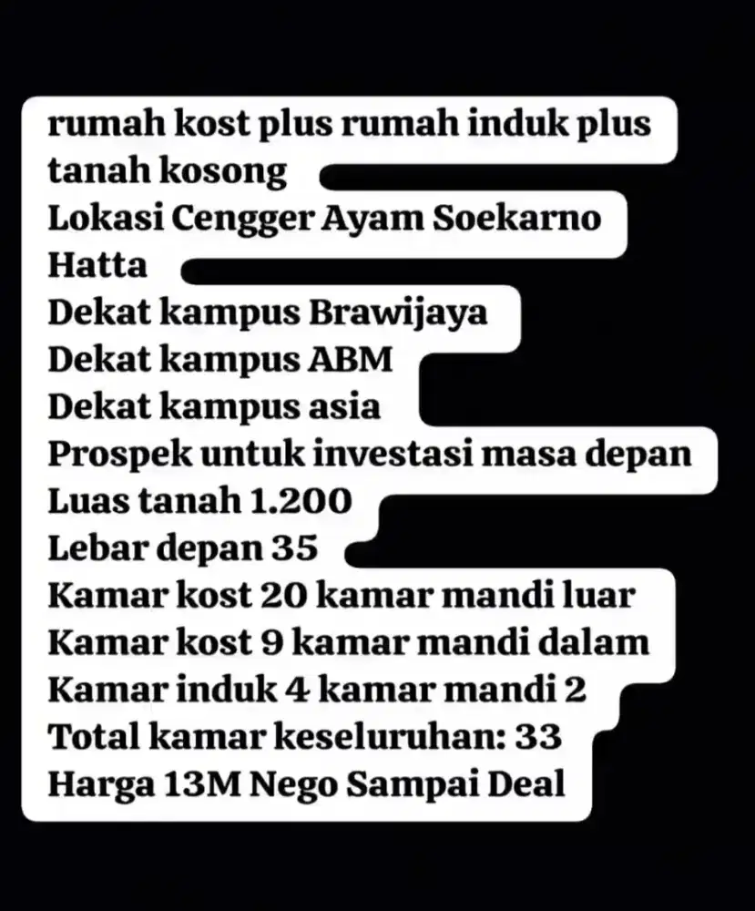 Paket Komplit Lokasi Strategis Soekarno Hatta Dekat Kampus Brawijaya