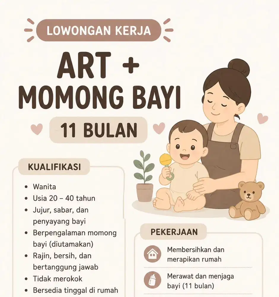 *LOKER* DICARI ART + MOMONG BAYI 11 BLN LOKASI BANDUNG
