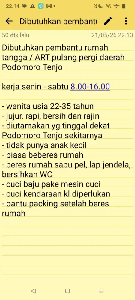 Dibutuhkan pembantu rumah tangga / ART pulang pergi Podomoro Tenjo