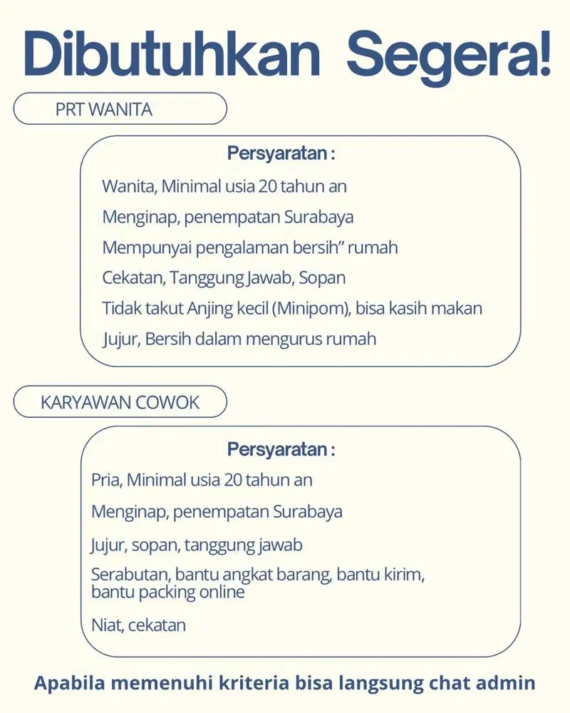 DIBUTUHKAN PRT WANITA & KARYAWAN COWOK PENEMPATAN SURABAYA