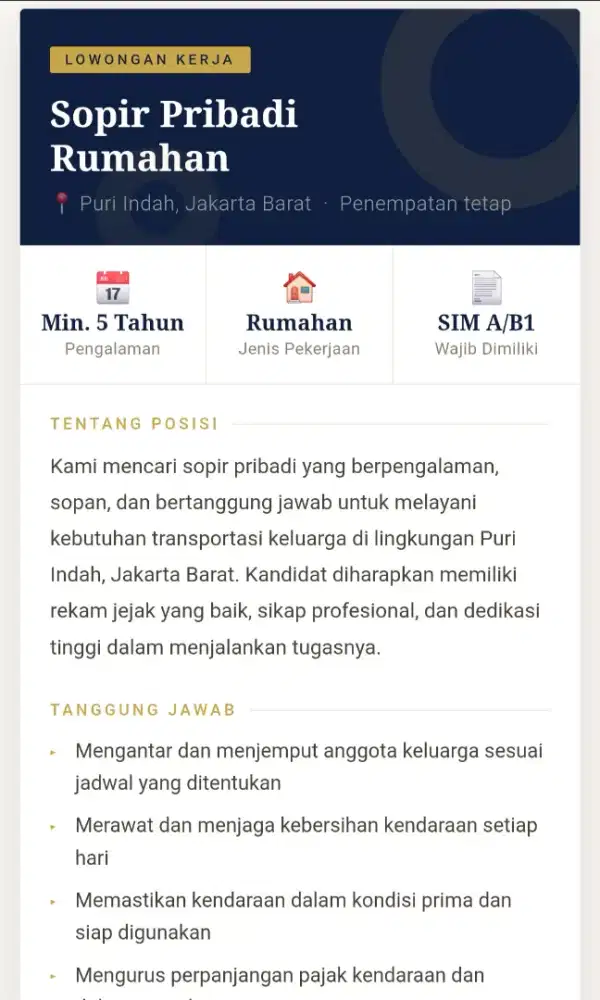 Lowker Sopir Pribadi Rumahan