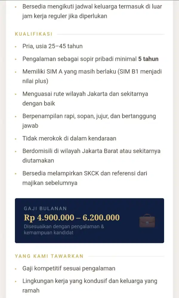 Lowker Sopir Pribadi Rumahan