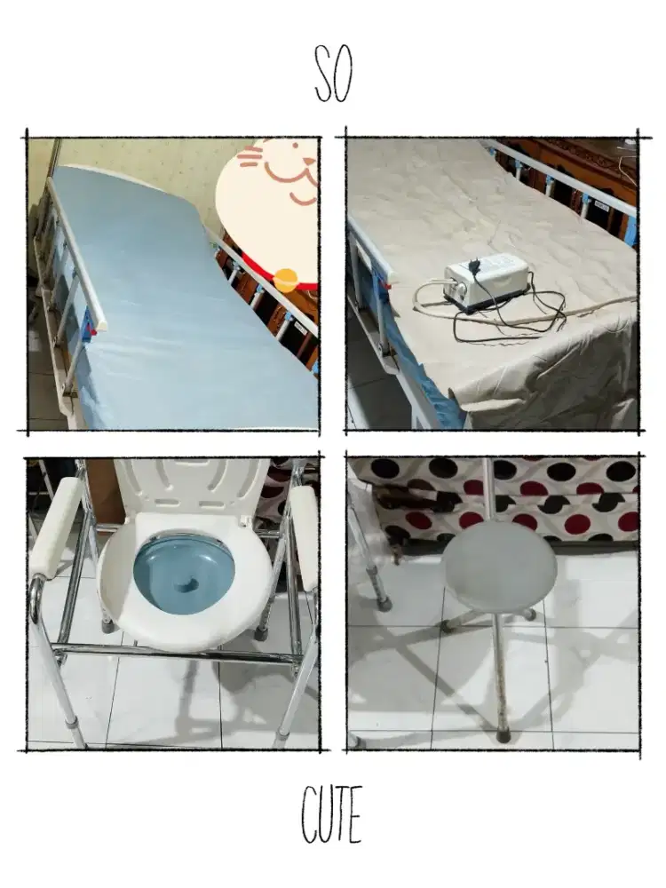 Perlengkapan kesehatan. Ranjang pasien 2 engkol + wc duduk + tongkat