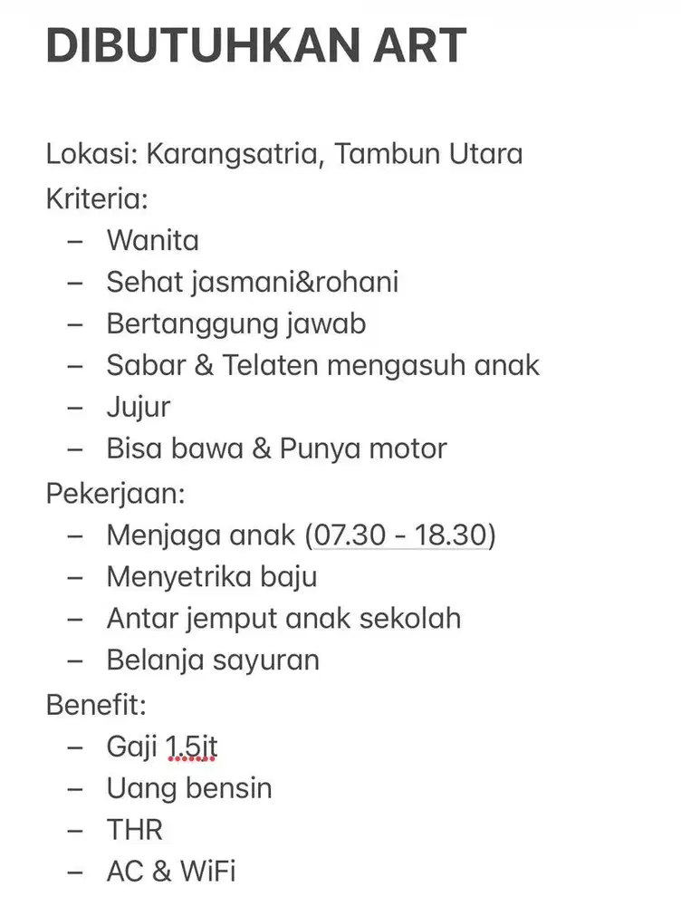 DIBUTUHKAN ART PENGASUH ANAK SEGERA
