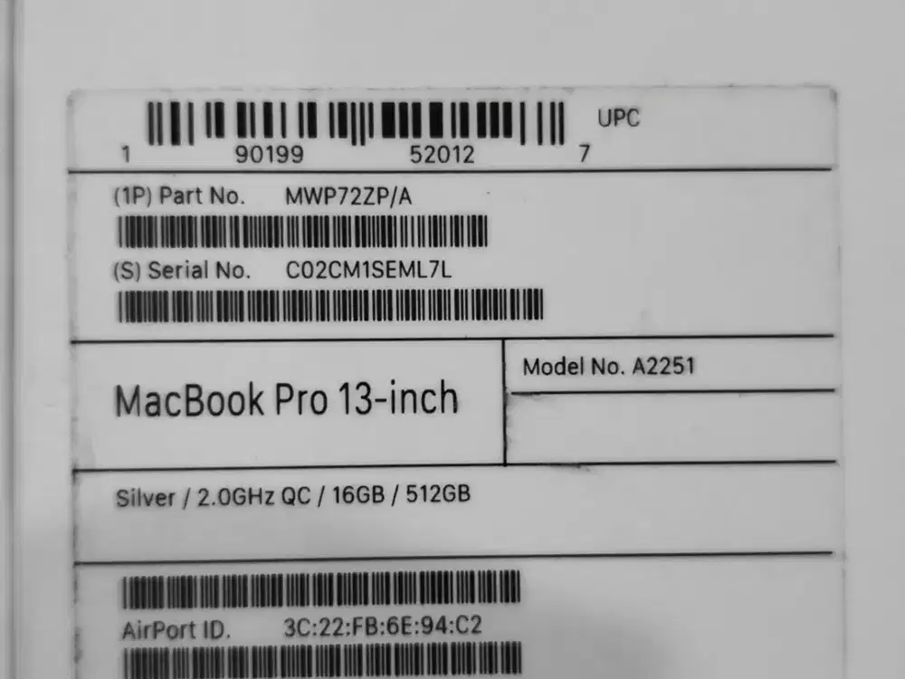Macbook pro 13 2020 16/512gb A2251 fullset normal
