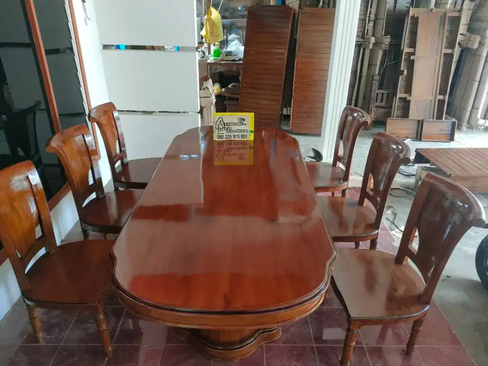 Meja makan gendong full kayu jati set kaca meja