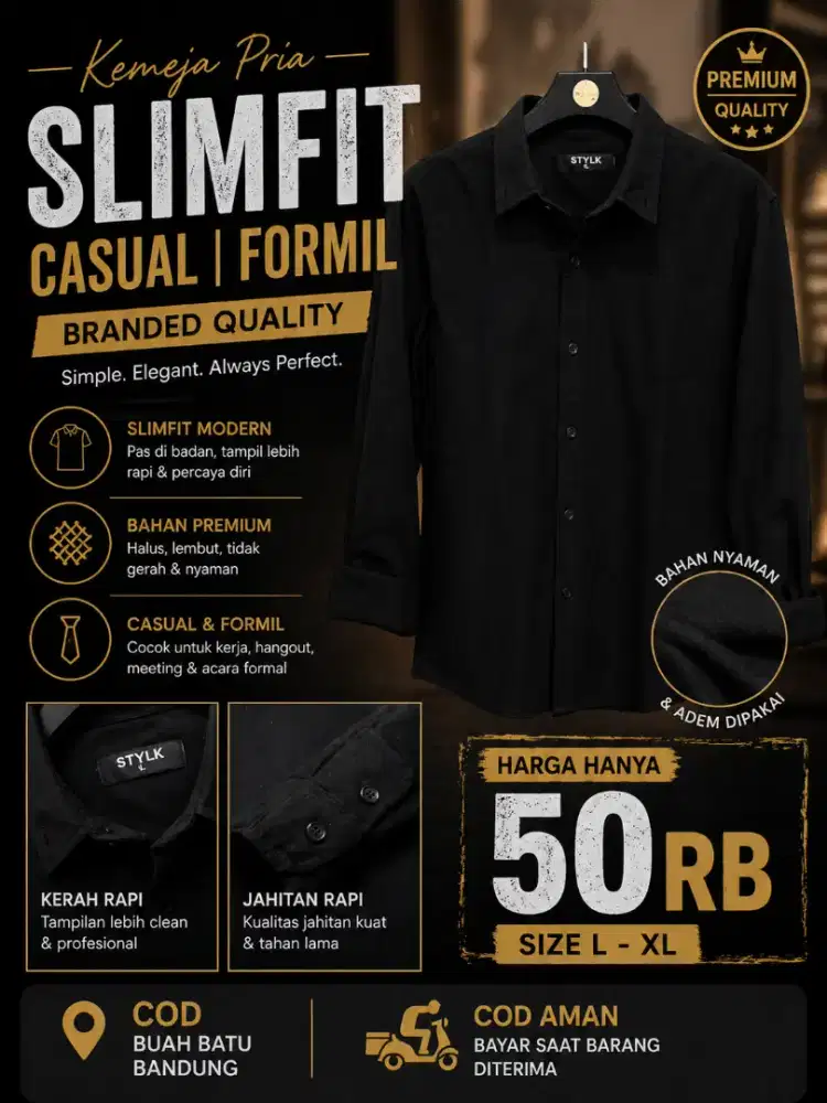 Obral Kemeja Hitam Slimfit Strech size L/XL Modis Casual Formil Mantap