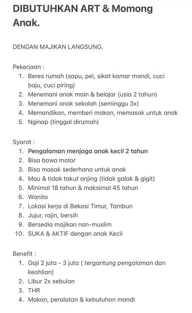 LOWONGAN KERJA ART & Momong Anak
