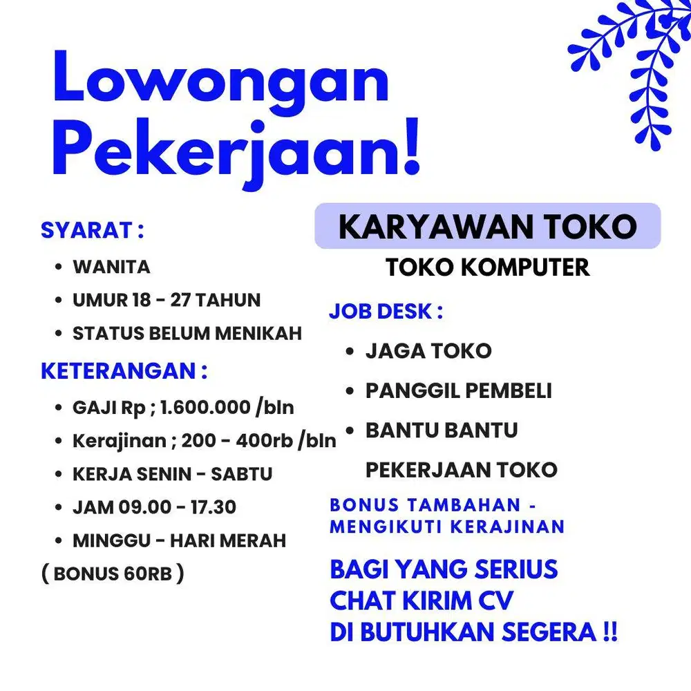 lowongan kerja Perempuan Jaga toko Medan Barat