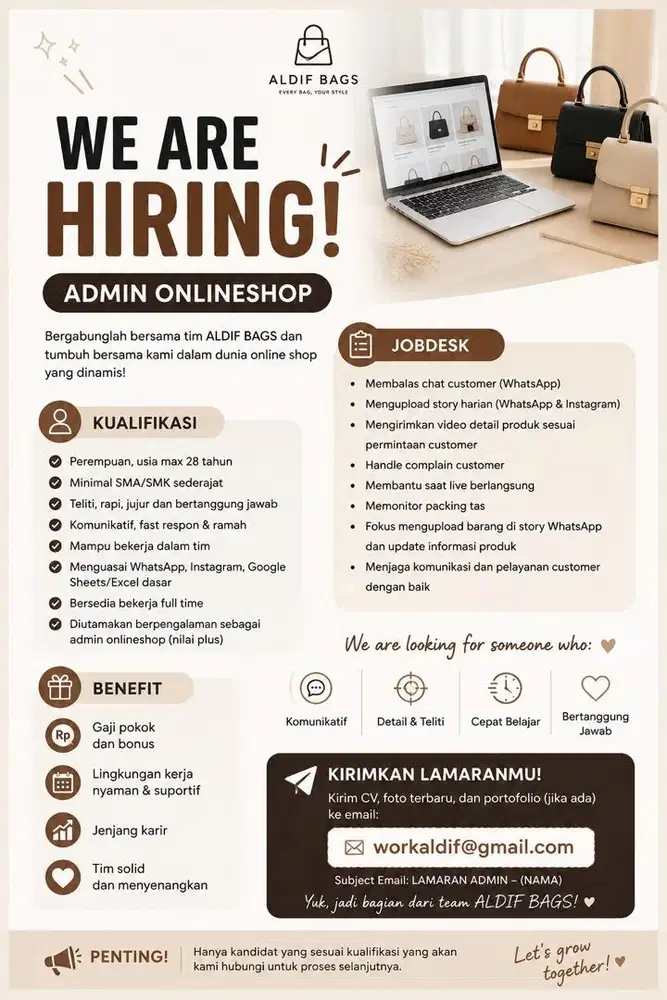 LOWONGAN ADMIN ONLINE SHOP  (WANITA & BERPENGALAMAN)