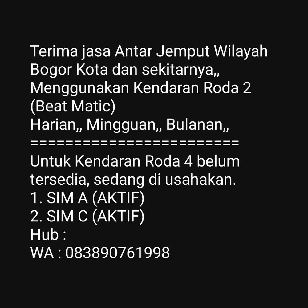 jasa Antar Jemput Wilayah Bogor Kota dan sekitarnya,,