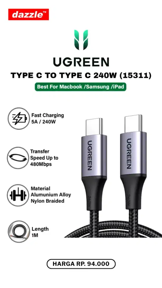 UGREEN TYPE C TO TYPE C 1M CABLE 240W (15311)