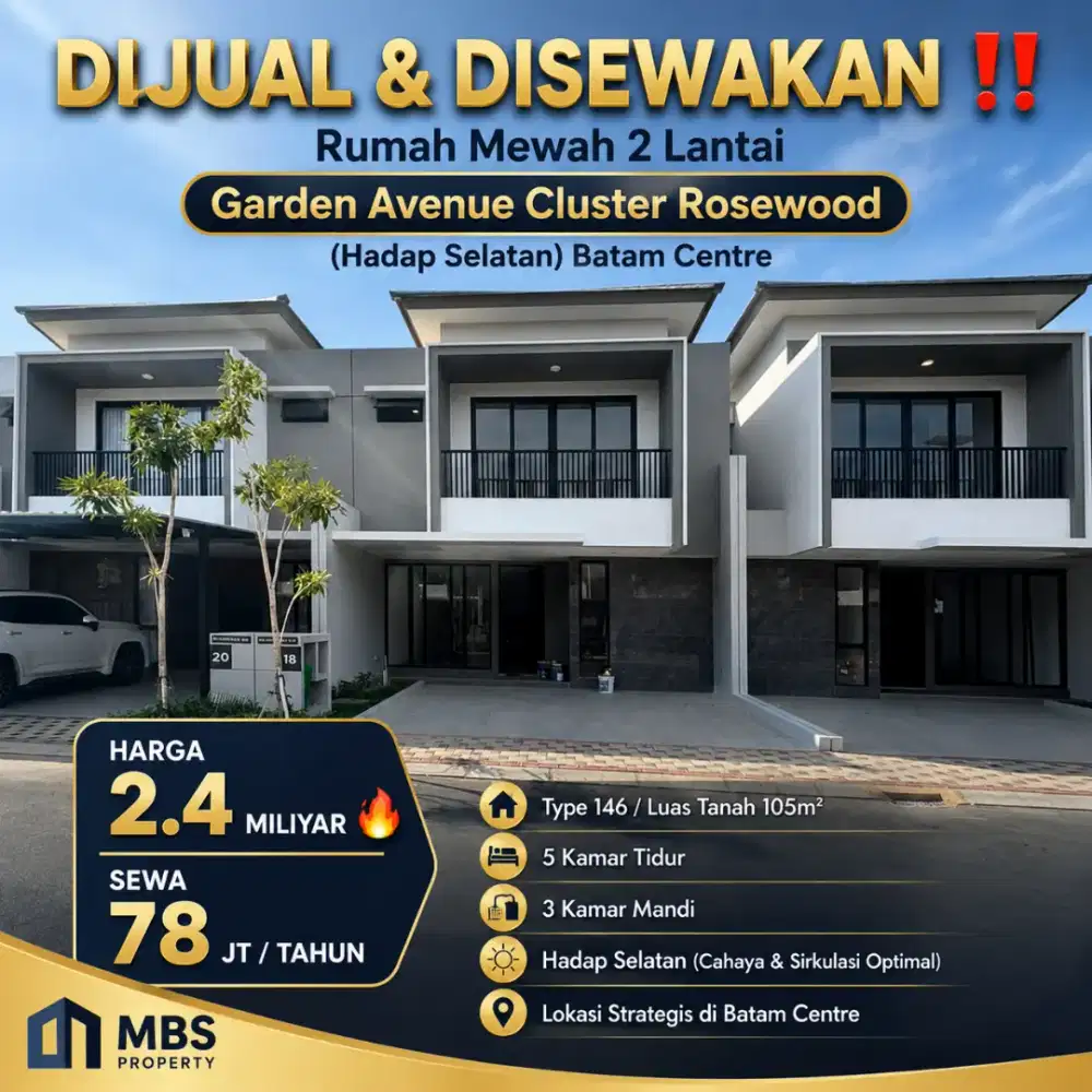 DIJUAL & DISEWAKAN rumah 2 Lantai Garden Avenue Cluster Rosewood