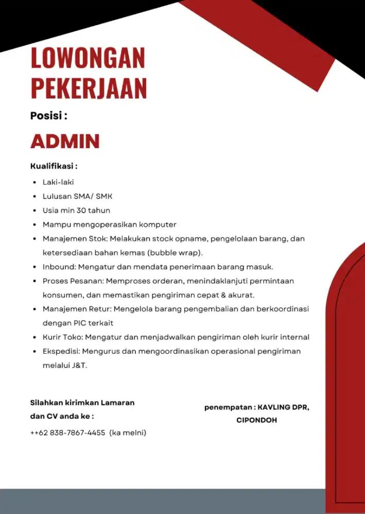 LOWONGAN KERJA: ADMIN OPERASIONAL & LOGISTIK