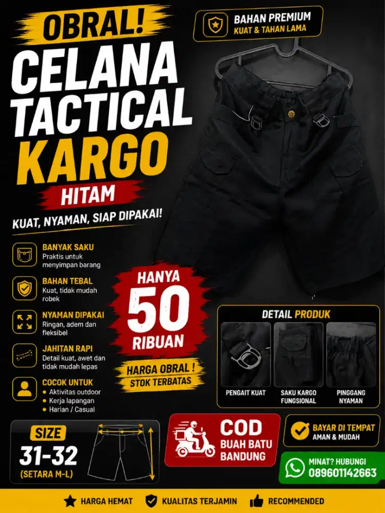 Promo Celana Kargo Hitam Tactical size 31-32 Modis Keren Berkualitas