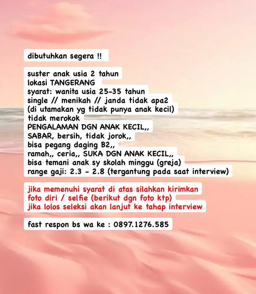 DICARI PENGASUH ANAK // BABY SITTER (TINGGAL DALAM // MENGINAP)