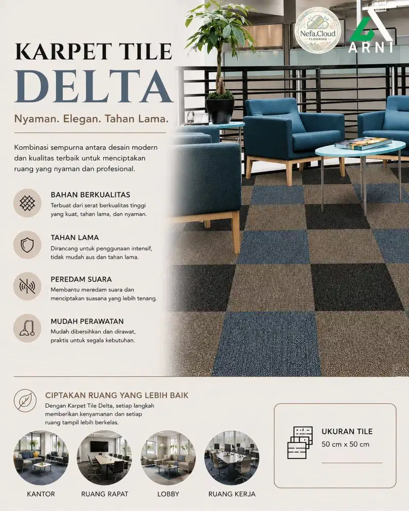 Karpet Tile Delta 50cm x 50cm | Karpet Office Polos Isi 20Pcs 5m2