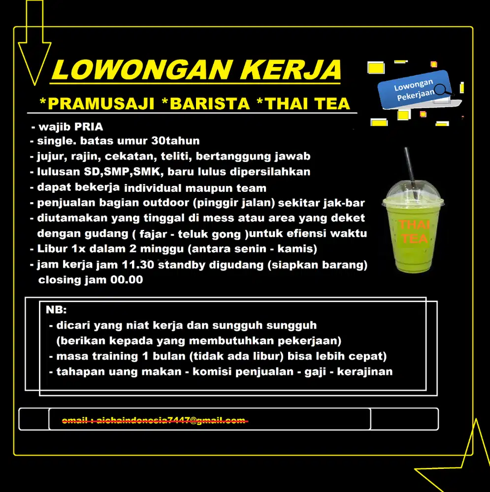 dibutuhkan segera kru penjaga stand thai tea, barista, outlet, jakbar