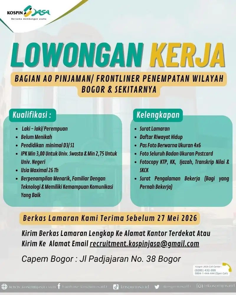 Lowongan Kerja Frontliner Kospin JASA Bogor