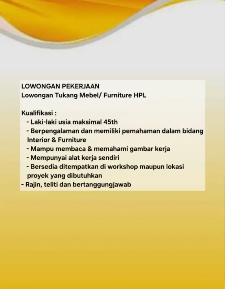 Lowongan Pekerjaan Tukang Mebel/Furniture