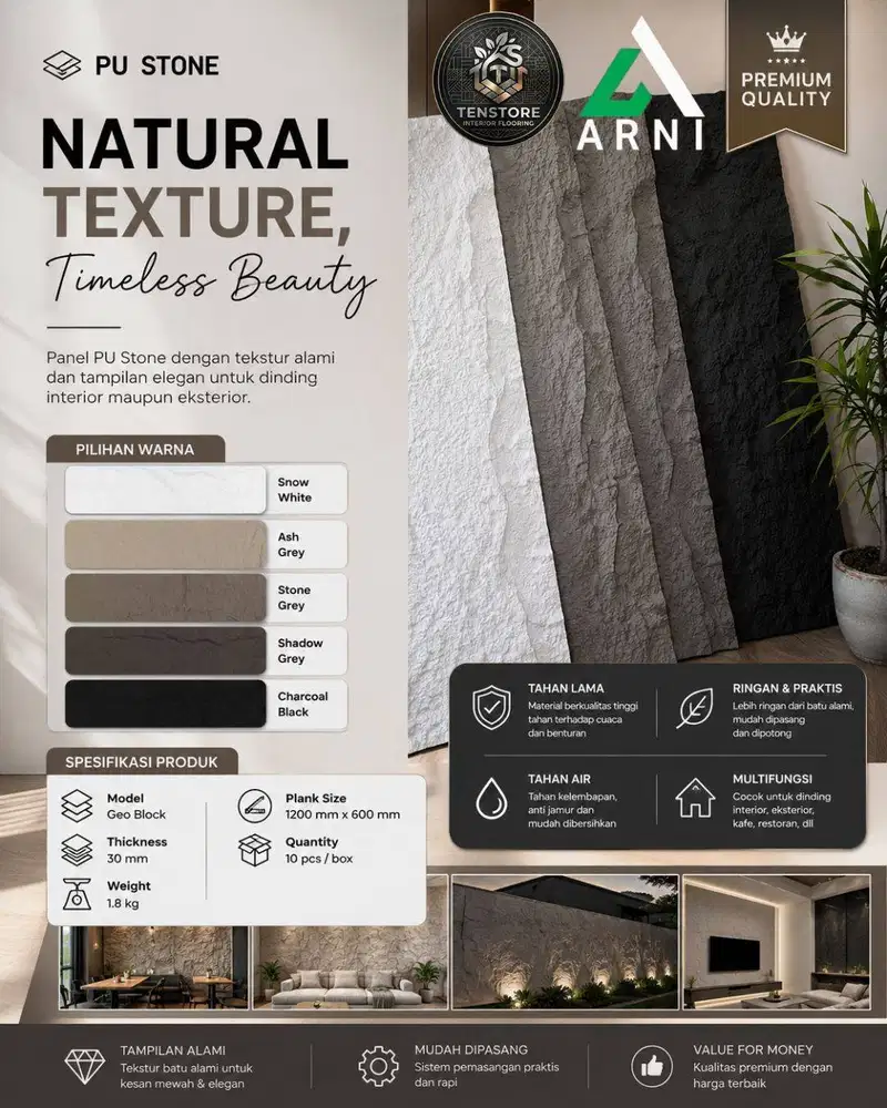 PU Stone 3D Panel Dinding Motif Batu Alam - Nestone Daneson Marvel Teb