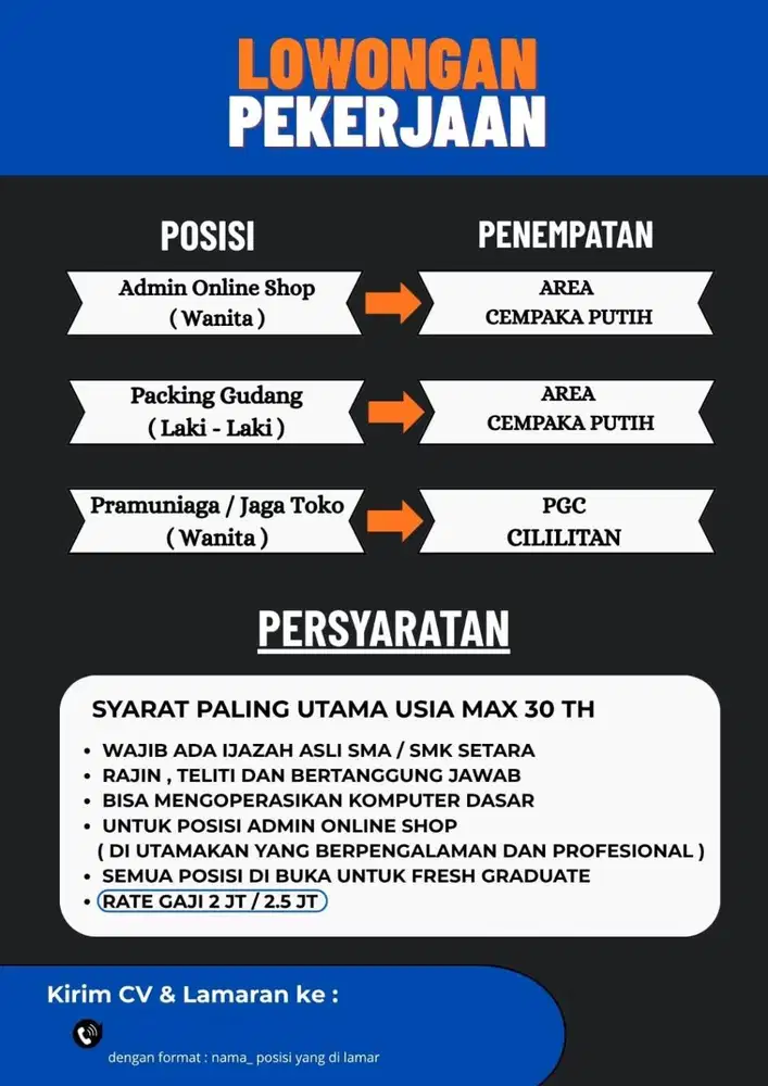 LOKER ADMIN MARKETING(WANITA), PACKING (LAKILAKI), PRAMUNIAGA (WANITA)