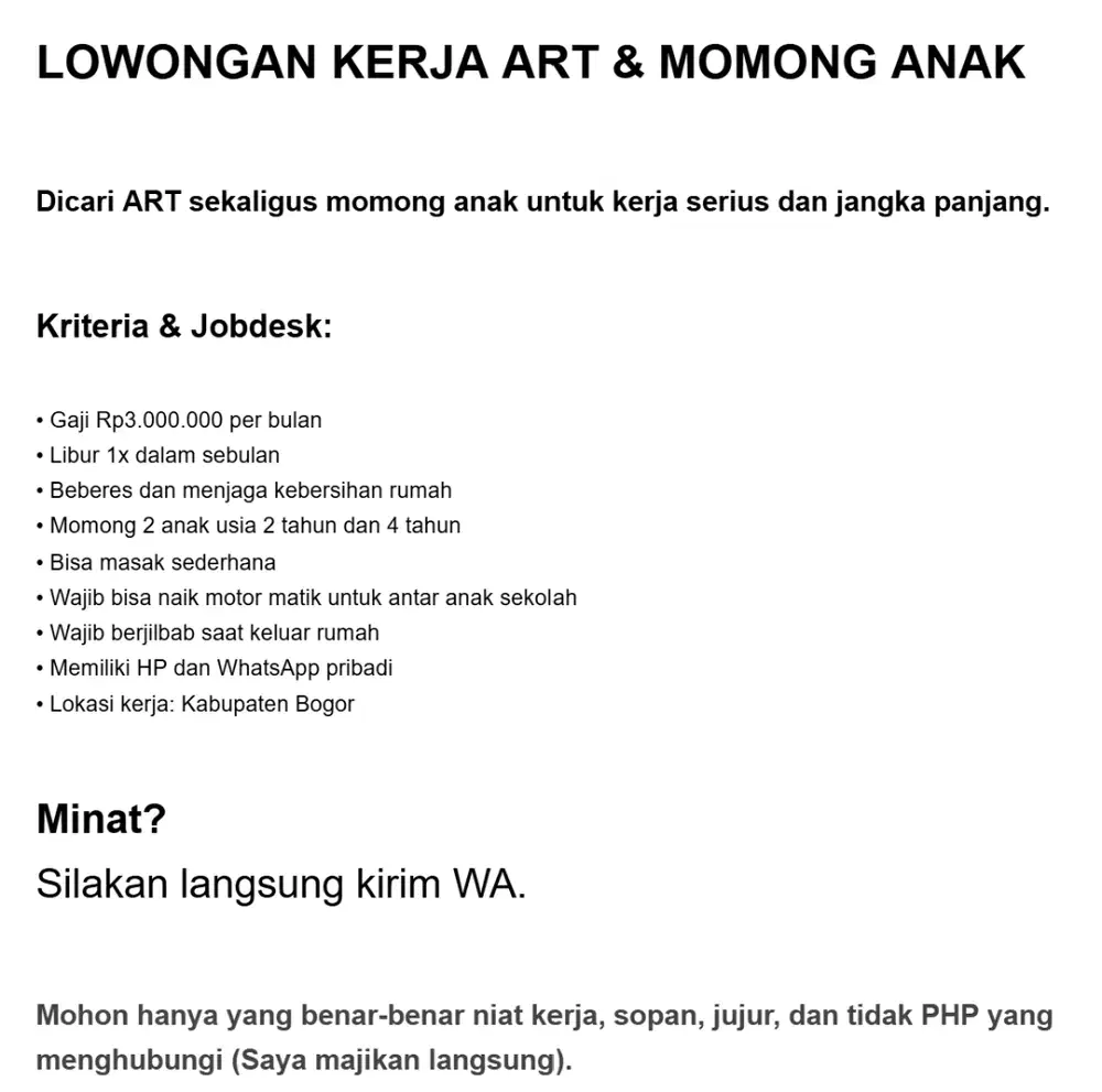 LOWONGAN KERJA ART & MOMONG ANAK