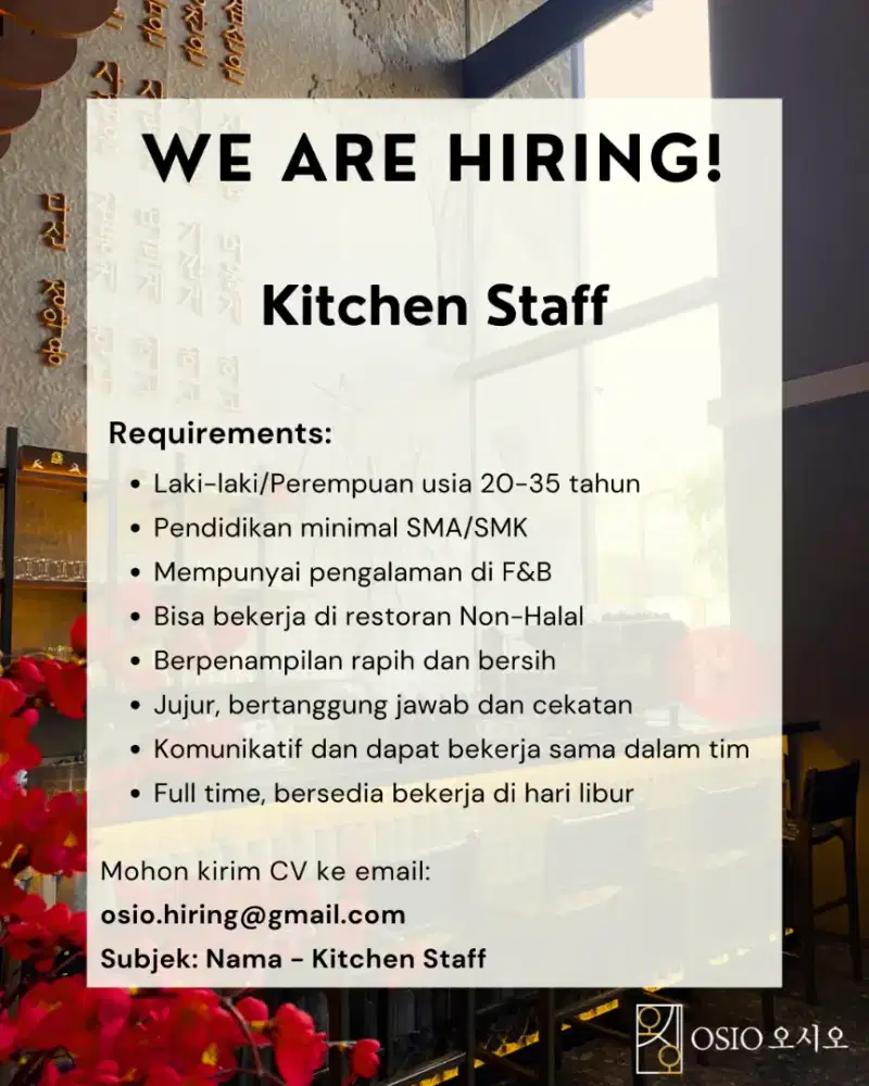 KITCHEN STAFF Dibutuhkan segera