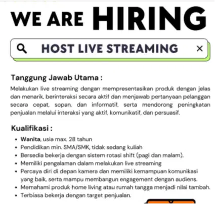 Dicari Hostlive berpengalaman dan Admin/Operator Toko Online