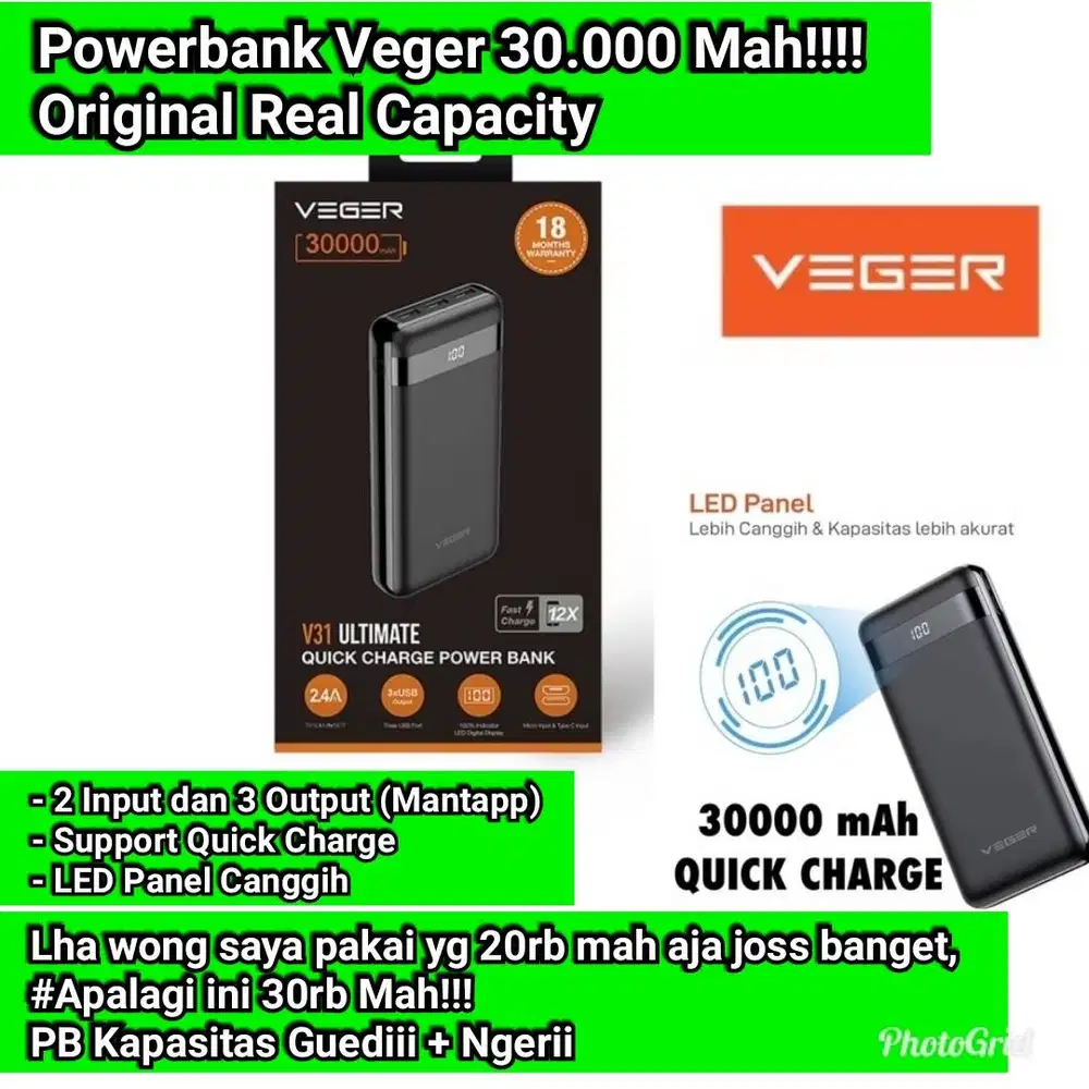 powerbank veger 30.000 mah Original Real capacity Powerbank 30rb Mah A