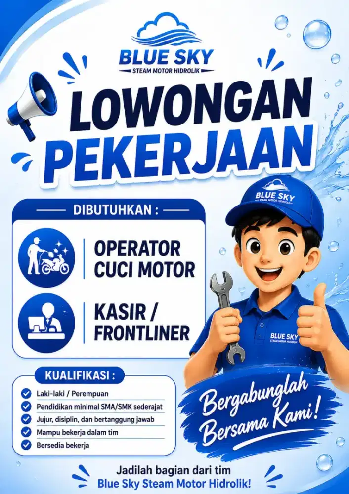 Butuh karyawan untuk cuci motor / steam motor hidrolik