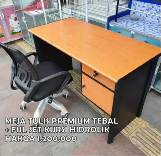 SET MEJA TULIS KANTOR PREMIUM LAPISAN MILAMIN + SET KURSI HIDROLIK