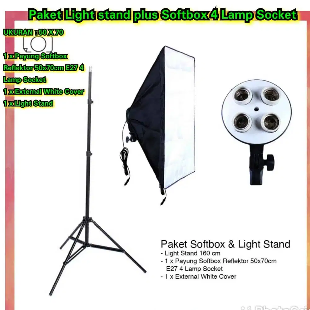 Paket light stand plus softbox 4 lamp socket E27 Payung sudio fillset