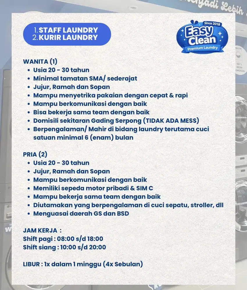 Lowongan Staff & Kurir laundry