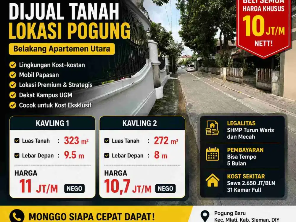 Dijual Cepat! Tanah + Bonus Bangunan Kost 12 Kamar  – Pogung Sleman