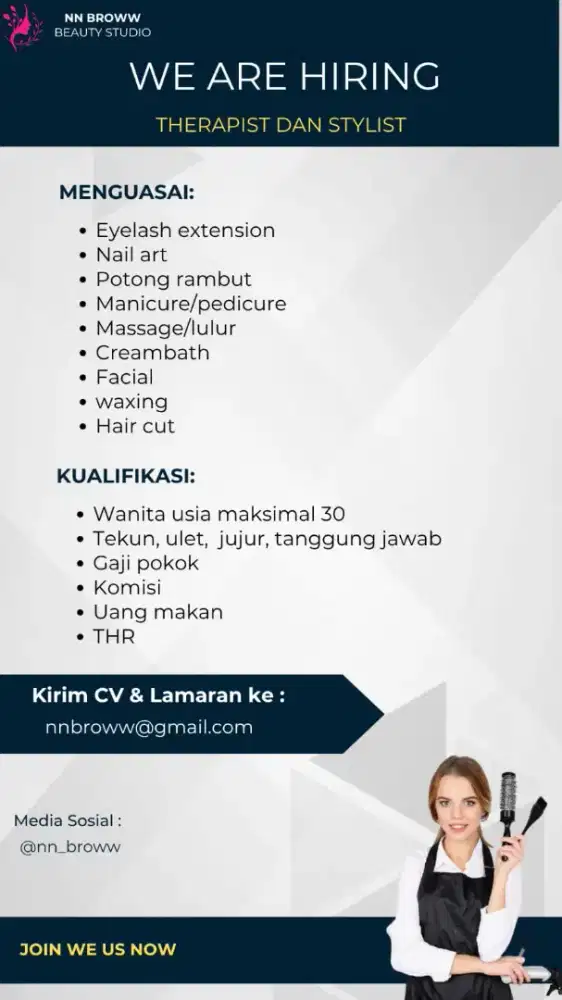 Lowongan salon, therapist, stylist