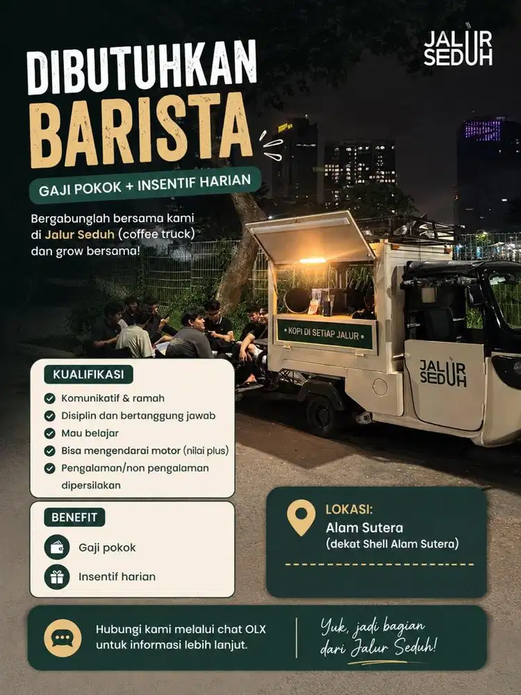 dibutuhkan Barista -Gaji poko + Insentif harian