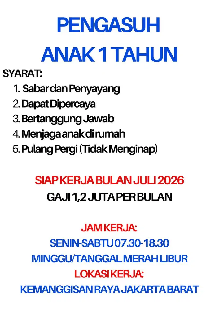 PENGASUH ANAK 1 TAHUN READY KERJA JULI 2026