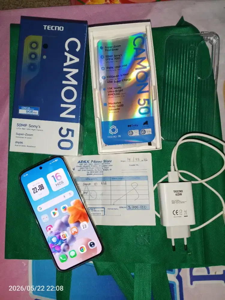 Tecno camon 50 ram 8gb/128gb fulset sampe nota garansi panjang