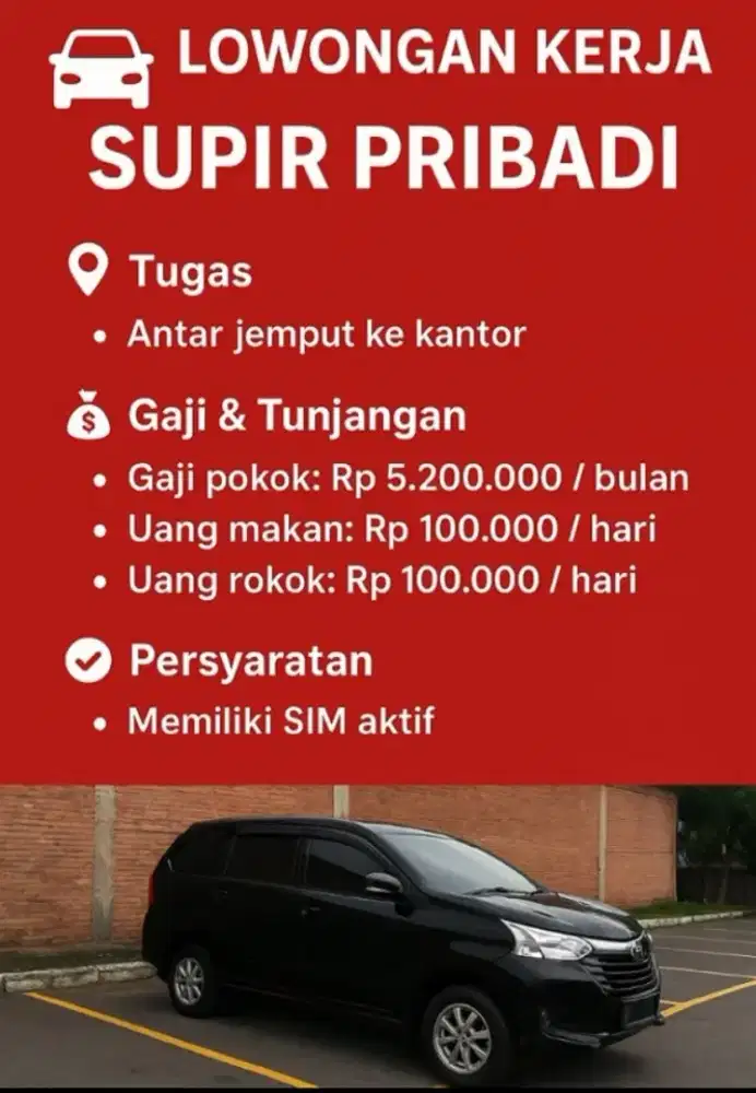 DIBUTUHKAN KARYAWAN SUPIR PRIBADI