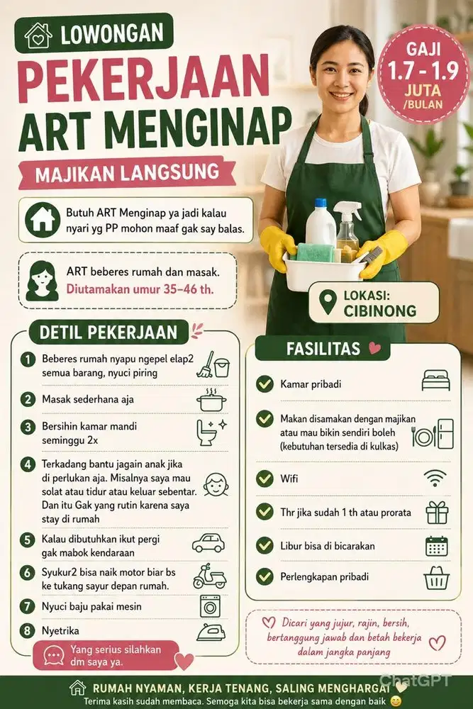 Dibutuhkan art menginap yang tanya PP maaf ga saya jawab