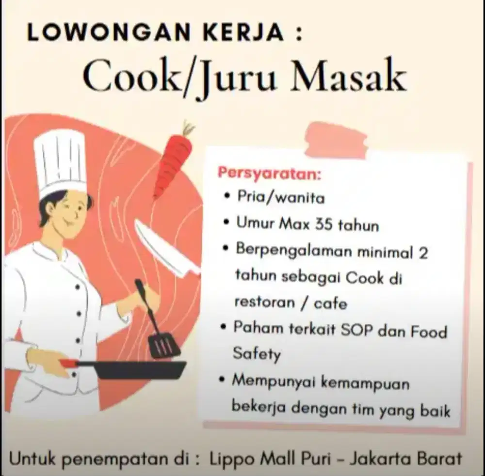 Lowongan Cook / Juru masak