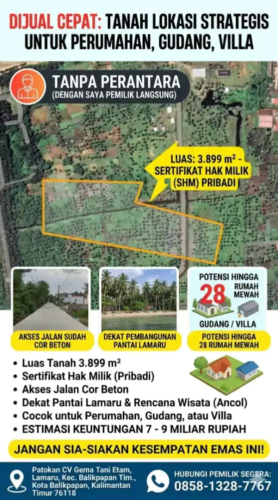Tahan Dijual Cepat 3.899m² SHM Lamaru - Potensi Perumahan & Villa