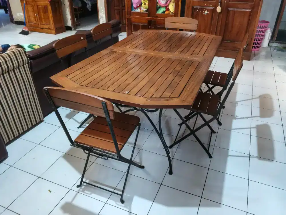 Jual meja kursi makan lipat kayu jati kaki dan tulang besi