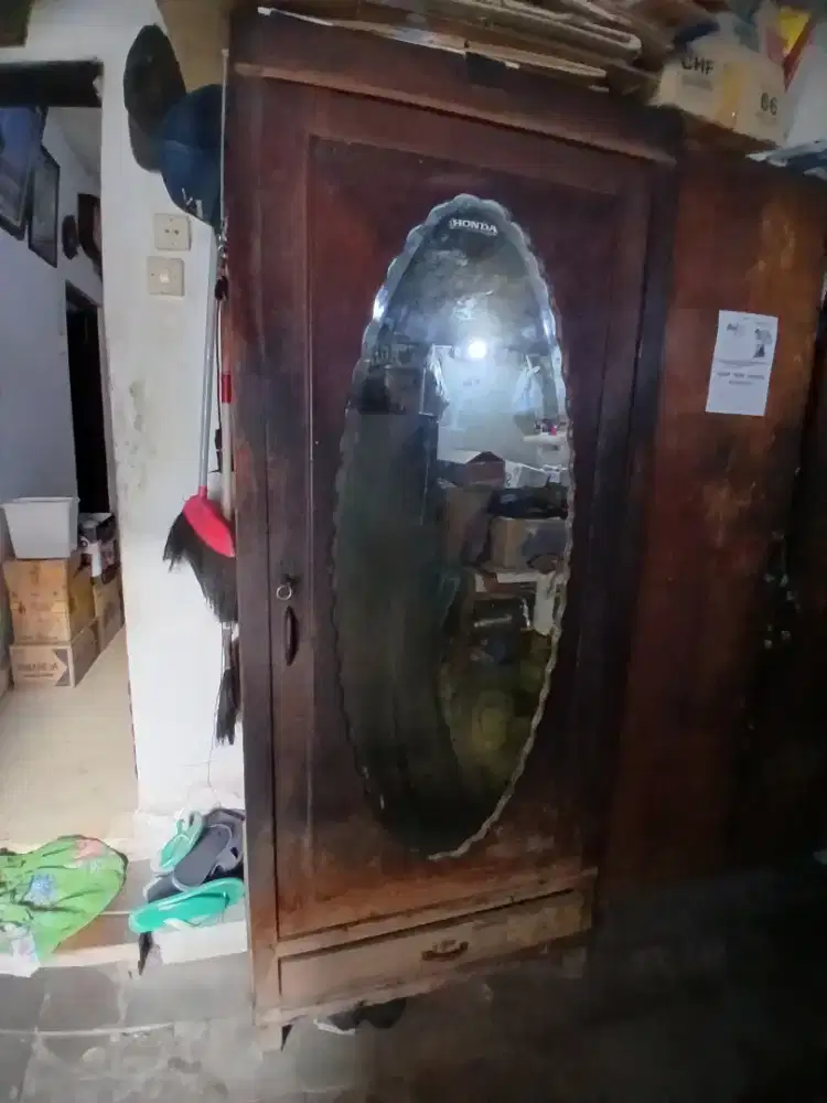 Lemari Jati Lama Kaca 1 Pintu 4 Rak + Laci - Kayu Kokoh Anti Rayap