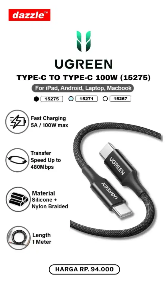 UGREEN TYPE C TO TYPE C 100W 1M CABLE