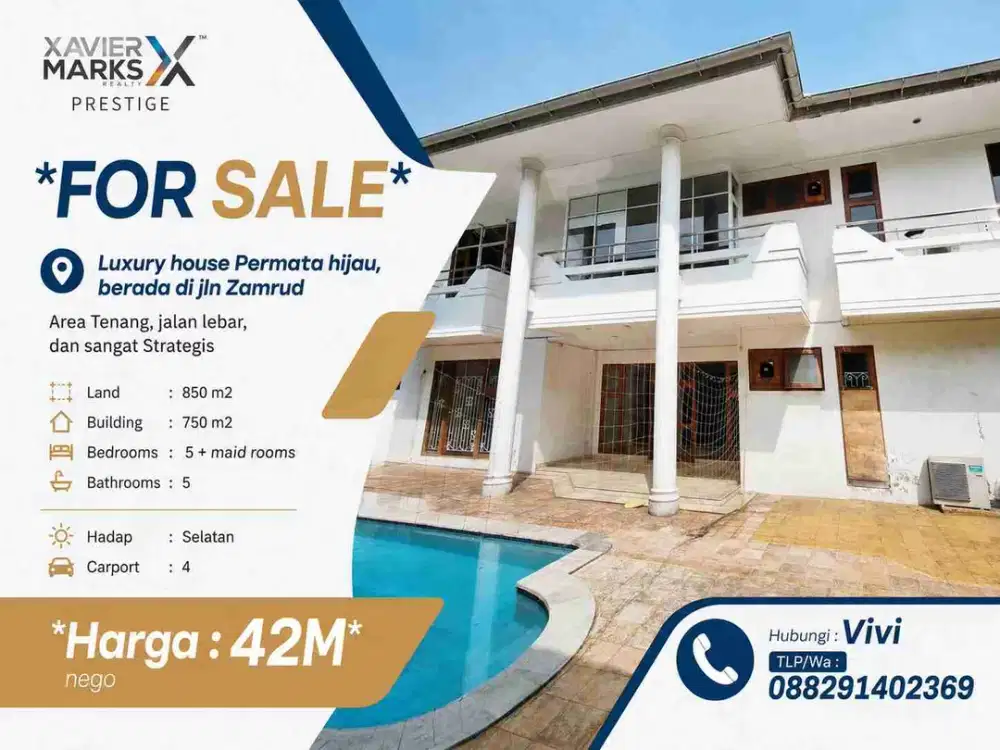 Luxury house Permata hijau, berada di jln Zamrud
Area Tenang, jalan lebar, dan sangat Strategis