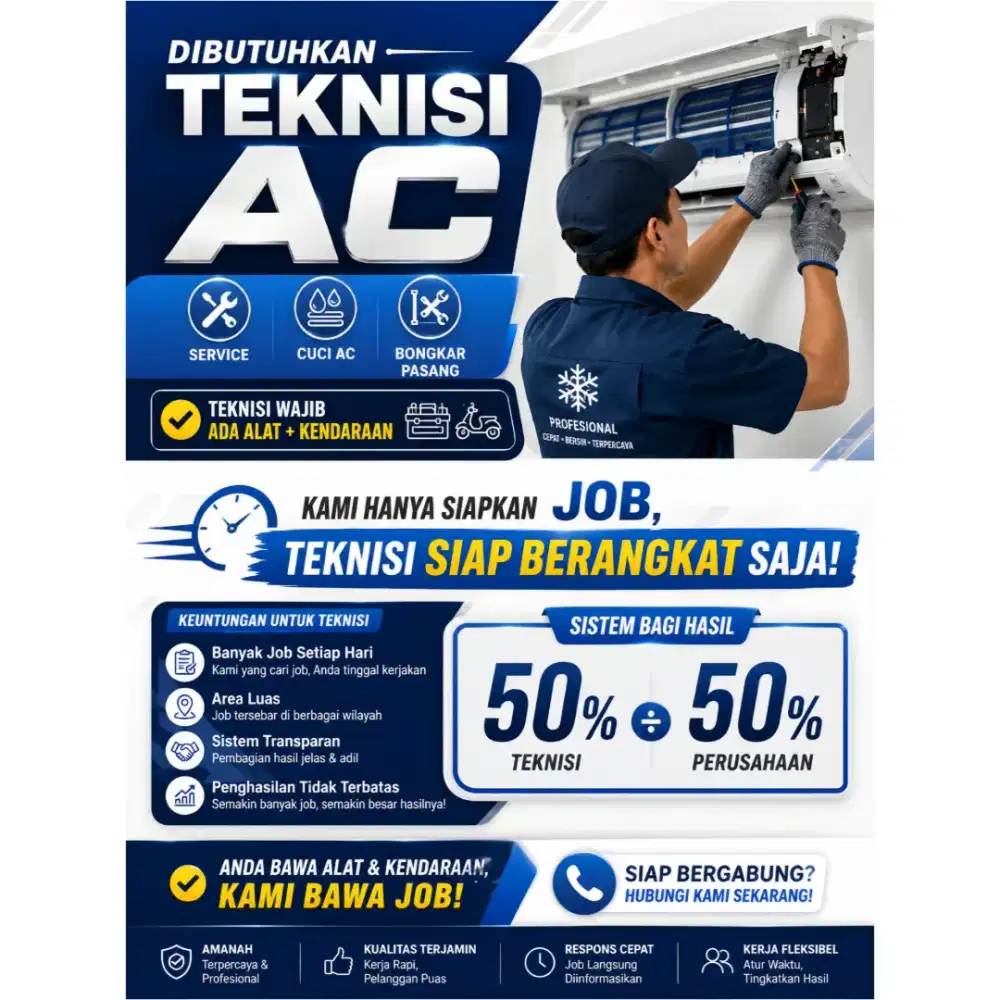 Dibutuhkan Teknisi AC Berpengalaman Sistem Bagi Hasil 50:50